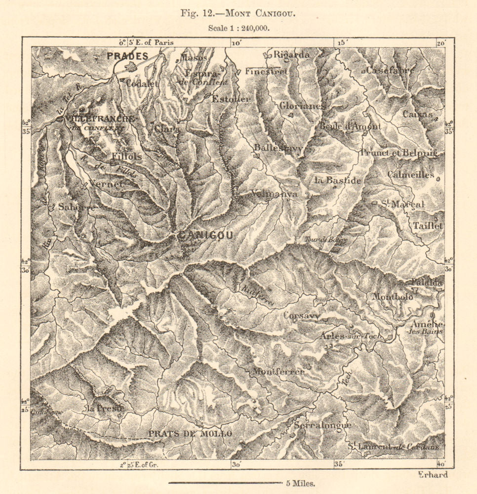 Mount Pic du Canigou. Prades. Pyrénées-Orientales. Sketch map 1885 old